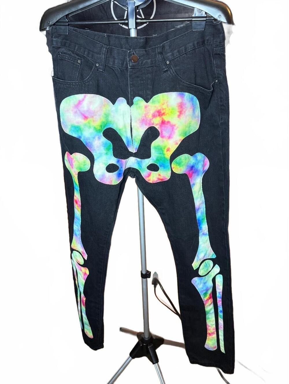 Rare black and rainbow tye dye Jeans w Colorful Skeleton skull sz 34 MNML